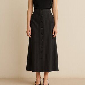 Vintage 1990s Grey Pinstriped Button Front Midi Skirt Sz 6
